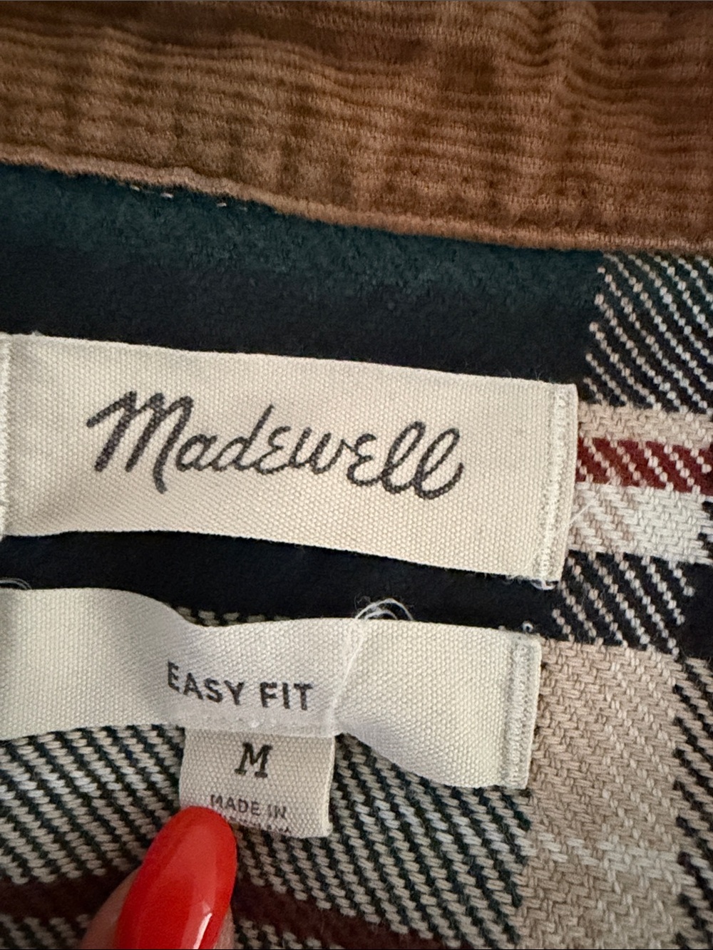 Madewell Green Plaid Flannel Shirt with Brown Corduroy Collar - Picture 3 of 3